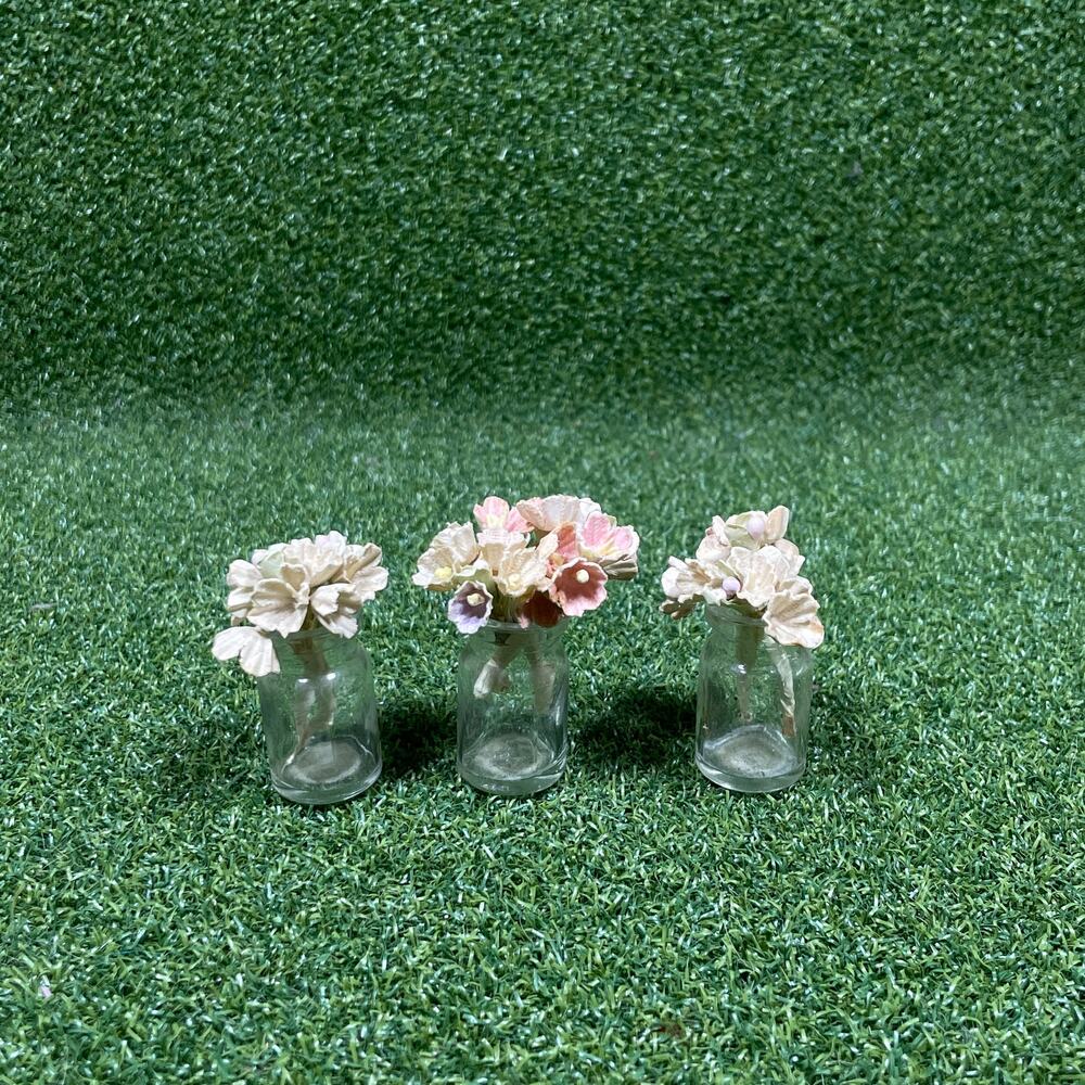 Set of 3 Dollhouse Miniature Floral Arrangements Clear Glass Bottles 2"